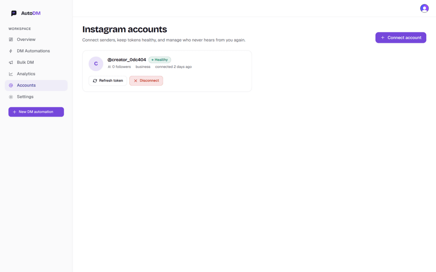 The AutoDM accounts screen showing a connected Instagram professional account with a Healthy token badge