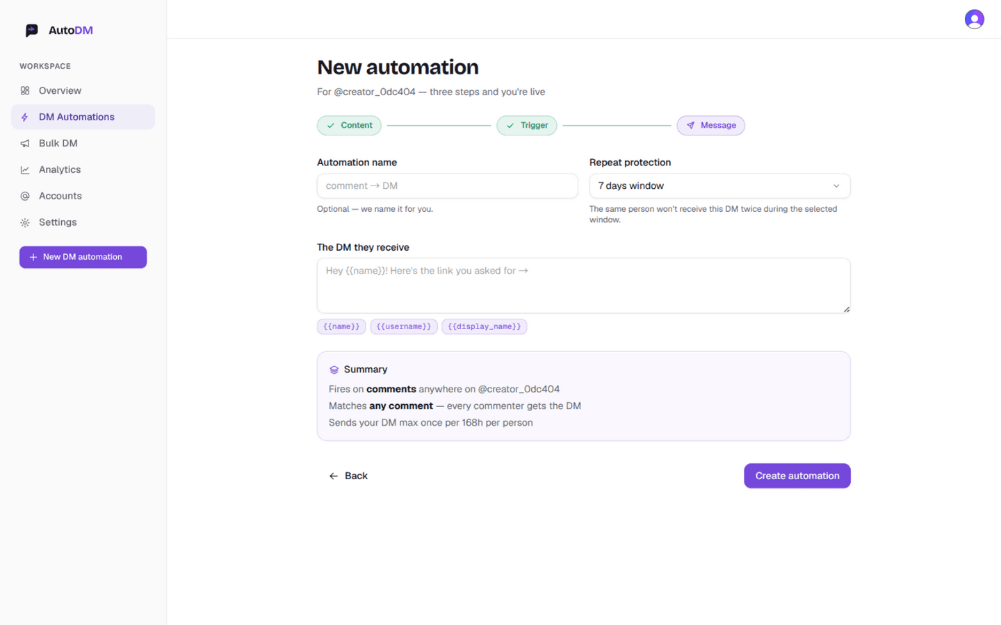 The AutoDM wizard's Message step with a personalized template, repeat protection and a preview bubble