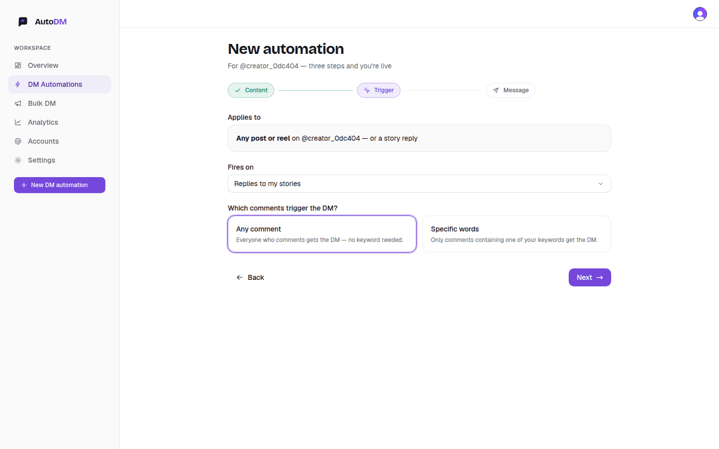The AutoDM automation wizard's Trigger step with Fires-on set to Replies to my stories and any-comment mode selected