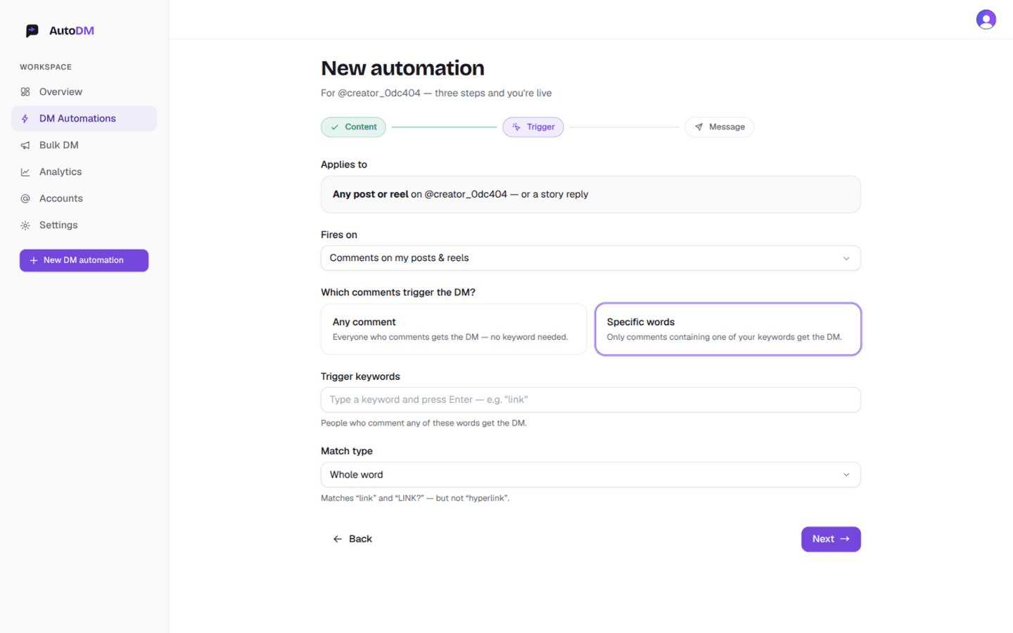 The AutoDM automation wizard's Trigger step with any-comment mode and keyword matching options