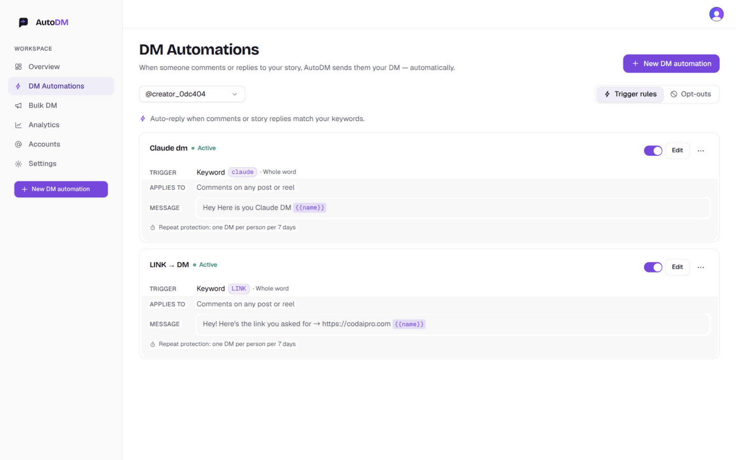 The AutoDM dashboard: two live DM automations — one answering the keyword LINK with a link, one answering “claude” — each showing its trigger, scope and message